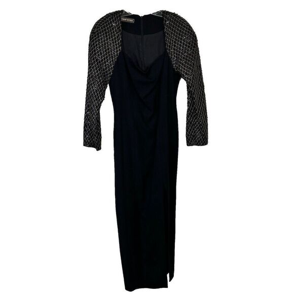 Vtg Morgan Matisse Black Long Cocktail Dress Long Sleeve Bling Side Slit Size 8 - Picture 3 of 11